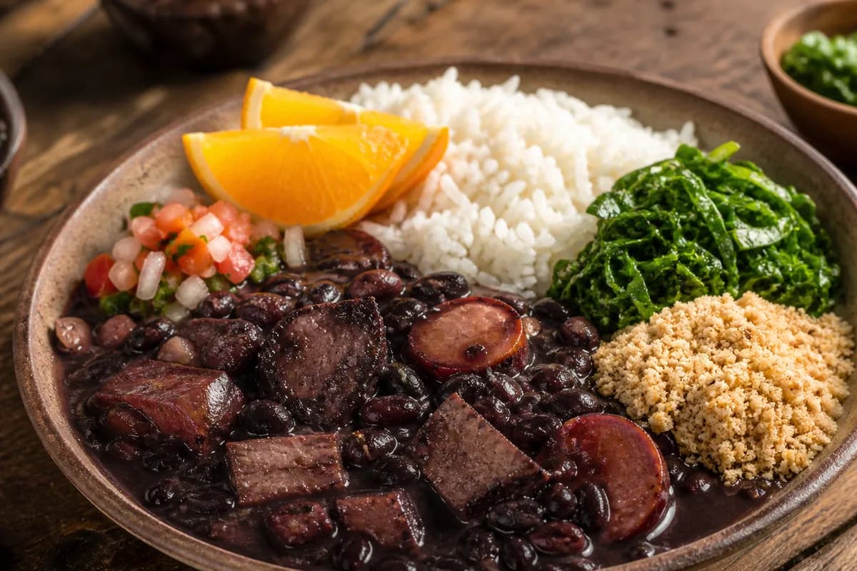 Feijoada completa servida em mesa brasileira
