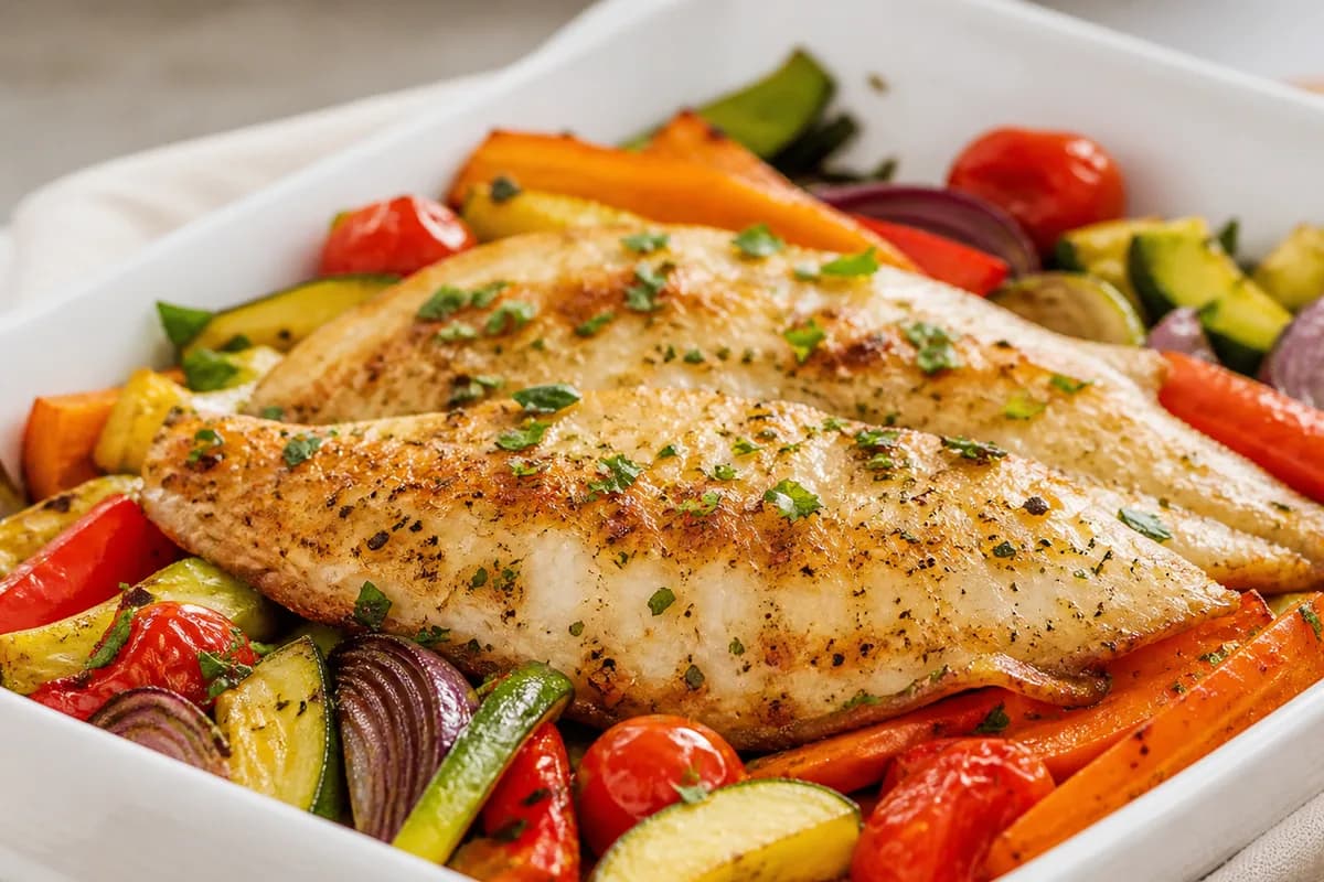 Foto ilustrativa da receita Tilápia Assada com Legumes